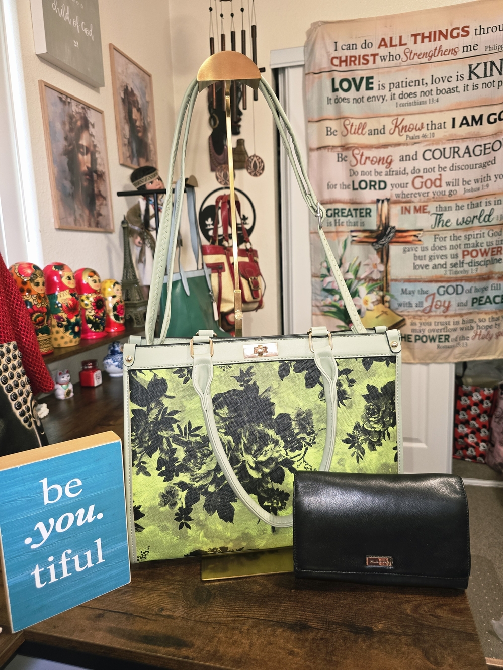 Green Floral Tote Bag with Black Wallet Bundle